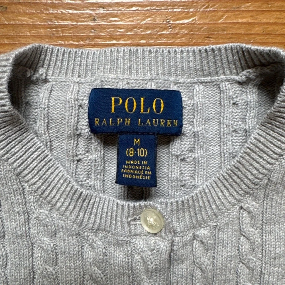 Polo Ralph‎ Lauren Cardigan Kids Gray Excellent Cable Knit Cotton SIZE M (8-10)